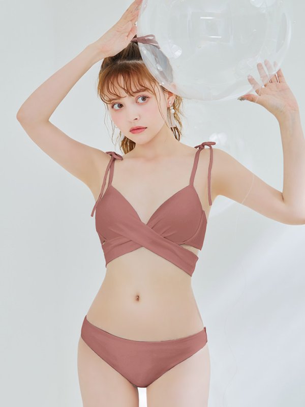 画像2: 【即日発送】【ビキニ】【水着】バッククロスリボンワンカラービキニ 2点セット [YMT] (2)