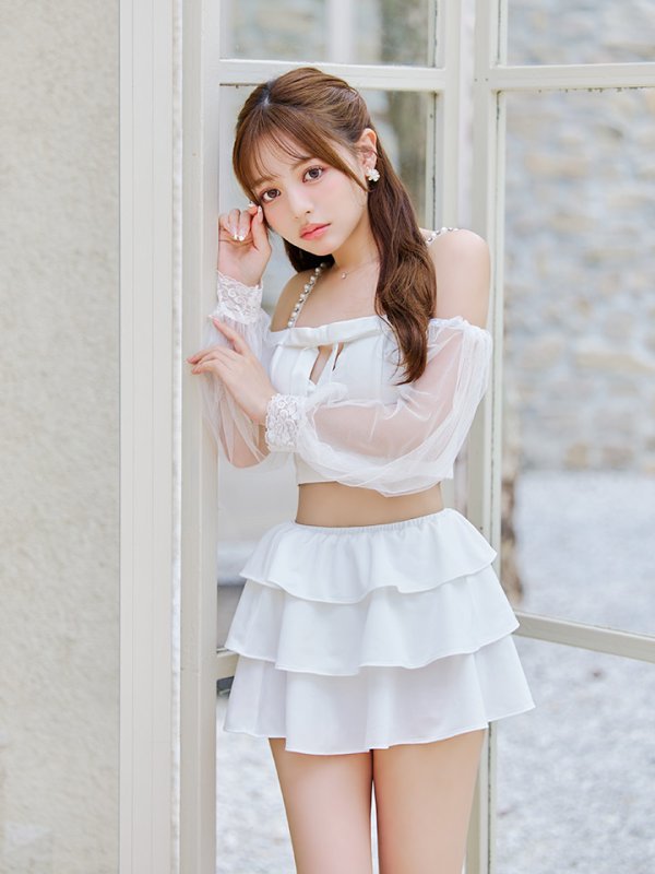 画像13: 【即日発送】【ビキニ】【水着】フリルティアードチュールリボンビキニ 3点セット[YMT] (13)