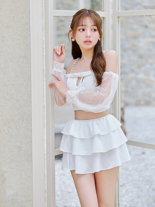 画像14: 【即日発送】【ビキニ】【水着】フリルティアードチュールリボンビキニ 3点セット[YMT] (14)