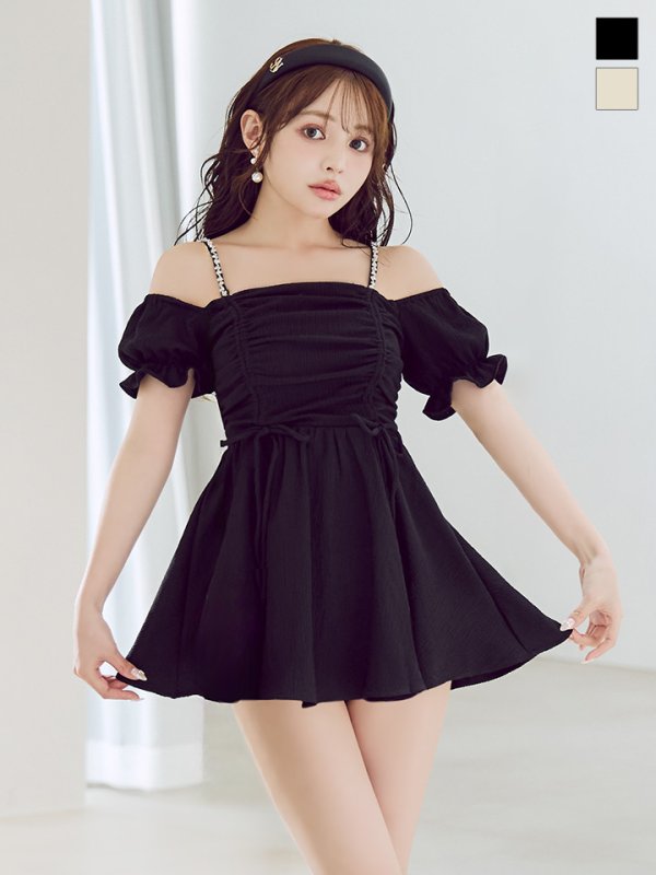 画像4: 【即日発送】【ビキニ】【水着】ビジューオフショルダーワンピースビキニ2点セット [YMT] (4)