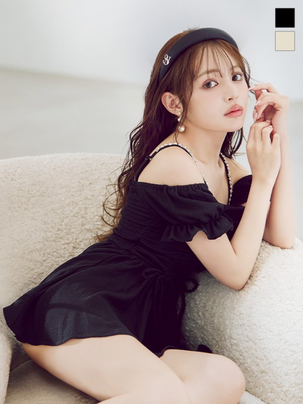 画像3: 【即日発送】【ビキニ】【水着】ビジューオフショルダーワンピースビキニ2点セット [YMT] (3)