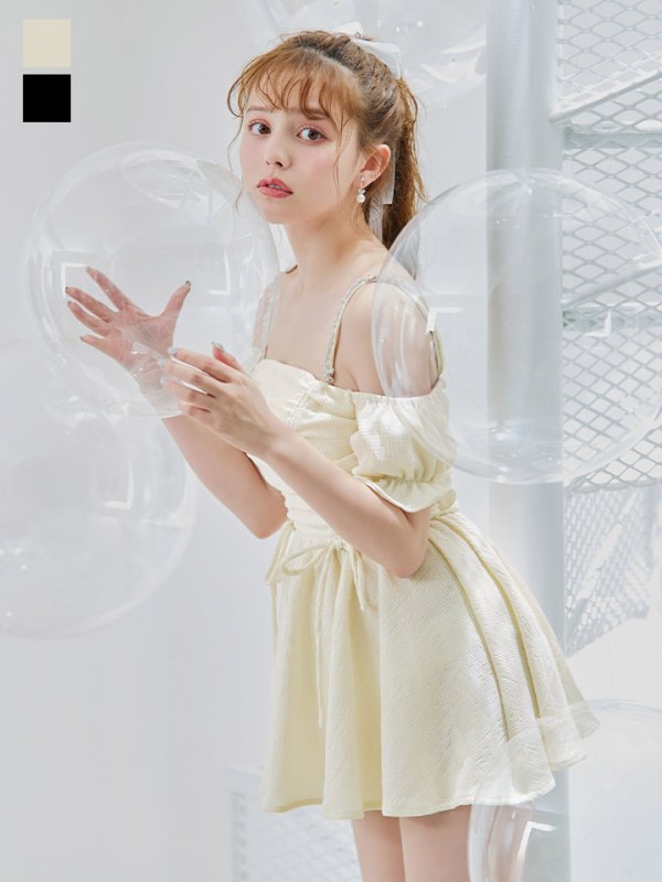 画像5: 【即日発送】【ビキニ】【水着】ビジューオフショルダーワンピースビキニ2点セット [YMT] (5)