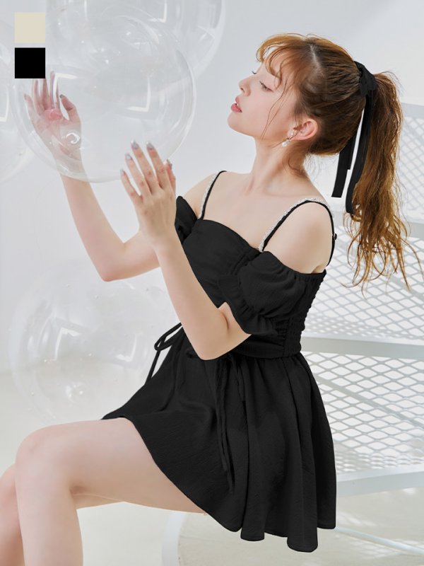 画像3: 【即日発送】【ビキニ】【水着】ビジューオフショルダーワンピースビキニ2点セット [YMT] (3)