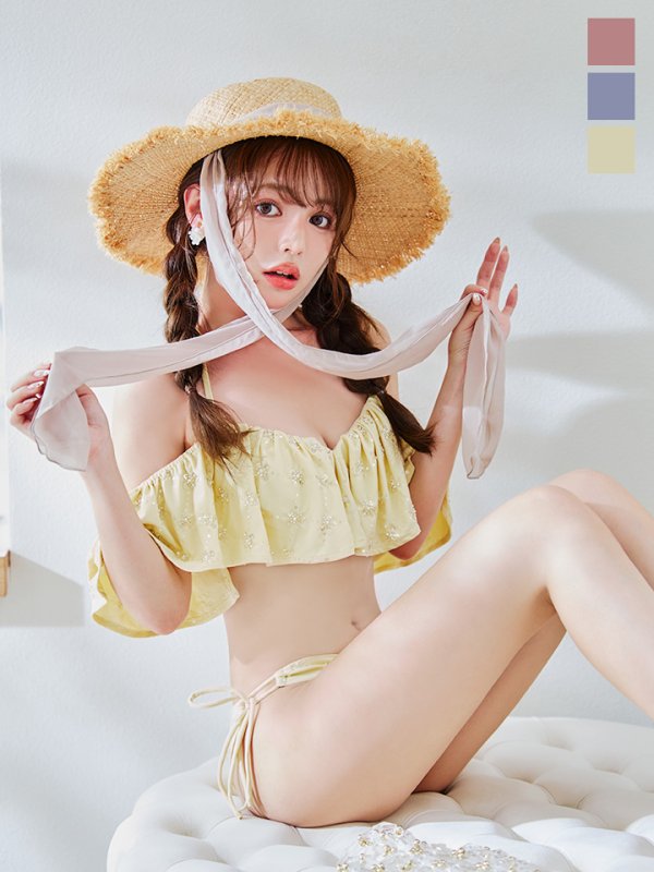 画像4: 【即日発送】【ビキニ】【水着】ビジューオフショルダーフリルビキニ 2点セット[YMT] (4)