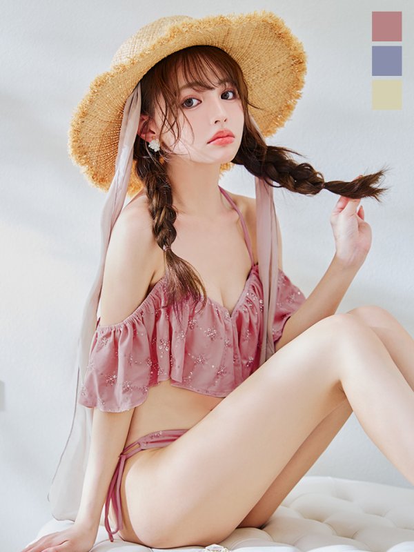 画像7: 【即日発送】【ビキニ】【水着】ビジューオフショルダーフリルビキニ 2点セット[YMT] (7)