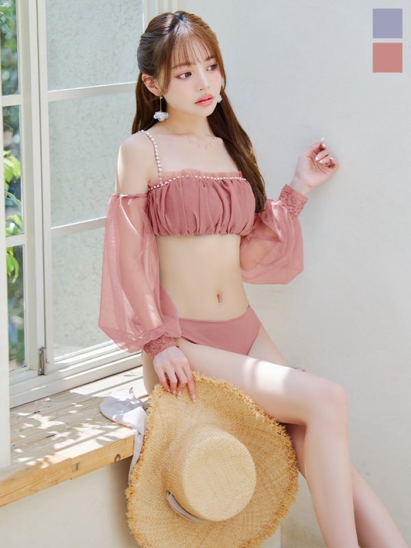 画像34: 【即日発送】【ビキニ】【水着】オフショルダーシアースリーブビキニ [YMT] (34)