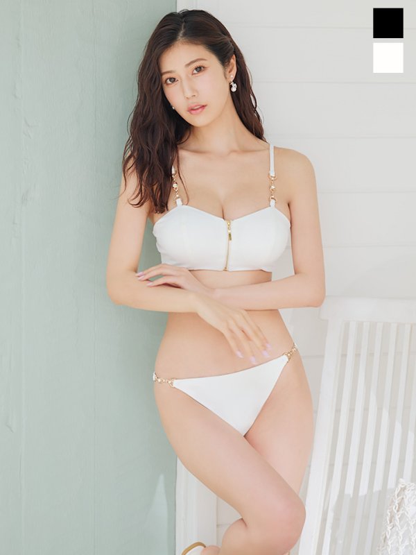 画像3: 【即日発送】【ビキニ】【水着】フロントジップビジューチェーンビキニ 2点セット [YMT] (3)