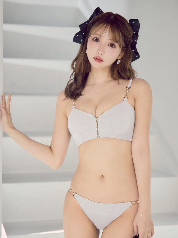 画像1: 【ノベルティ対象】【ビキニ】【水着】フロントジップビジューチェーンビキニ 2点セット [YMT] (1)