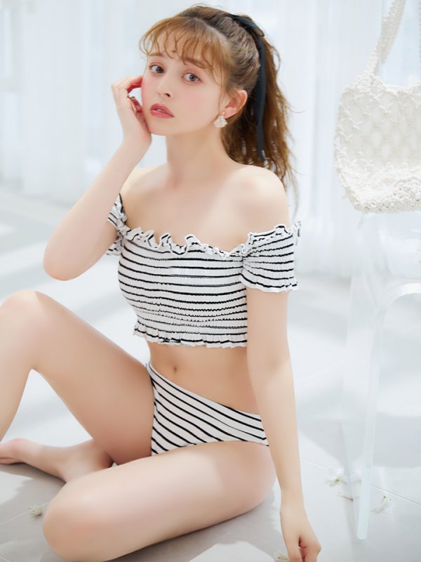 画像20: 【即日発送】【ビキニ】【水着】シャーリングストライプオフショルビキニ  2点セット [FB01] (20)