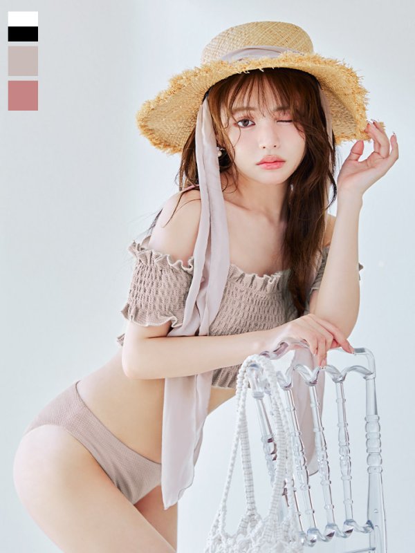 画像3: 【即日発送】【ビキニ】【水着】シャーリングオフショルビキニ  2点セット [YMT] (3)