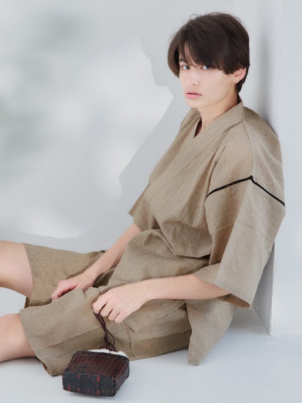 画像2: 【即日発送】【メンズ甚平】ベージュ甚平【甚平・下駄セット】[YMT] (2)