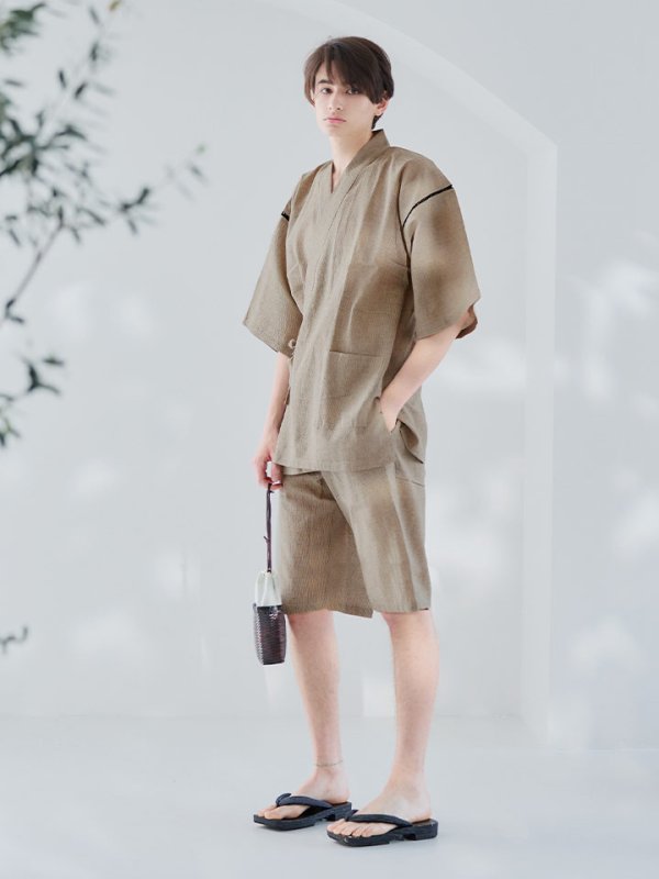 画像4: 【即日発送】【メンズ甚平】ベージュ甚平【甚平・下駄セット】[YMT] (4)