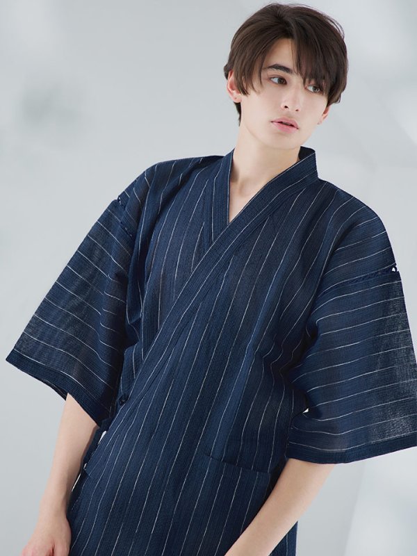 画像9: 【即日発送】【メンズ甚平】ネイビー地に白縞模様甚平  【甚平・下駄セット】[YMT] (9)