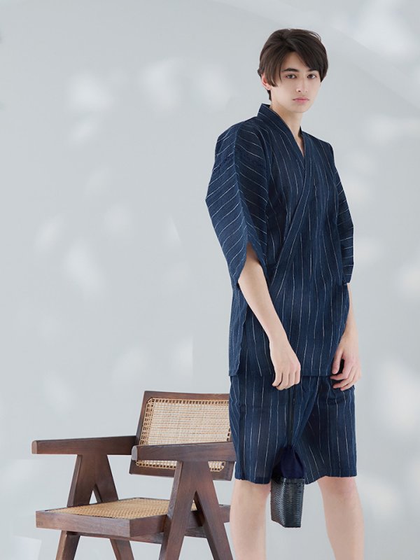 画像12: 【即日発送】【メンズ甚平】ネイビー地に白縞模様甚平  【甚平・下駄セット】[YMT] (12)