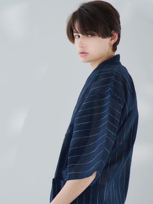 画像13: 【即日発送】【メンズ甚平】ネイビー地に白縞模様甚平  【甚平・下駄セット】[YMT] (13)