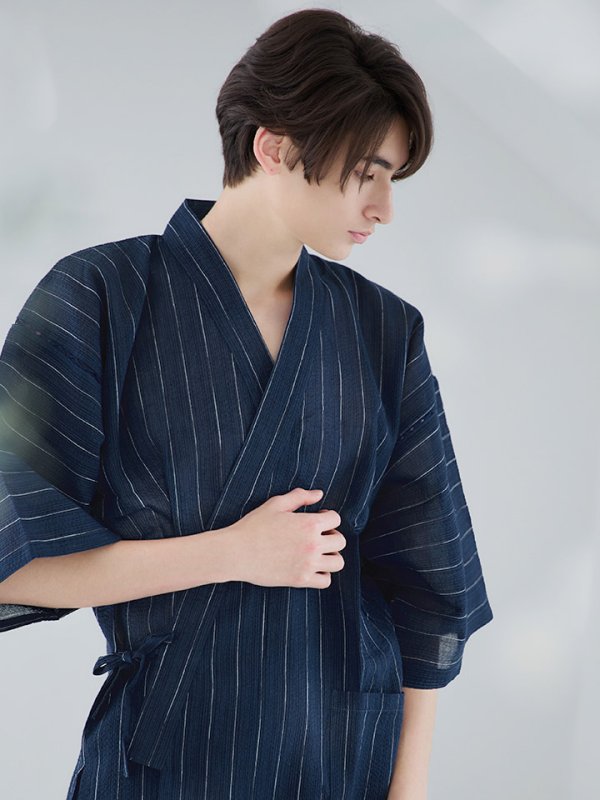 画像2: 【即日発送】【メンズ甚平】ネイビー地に白縞模様甚平  【甚平・下駄セット】[YMT] (2)