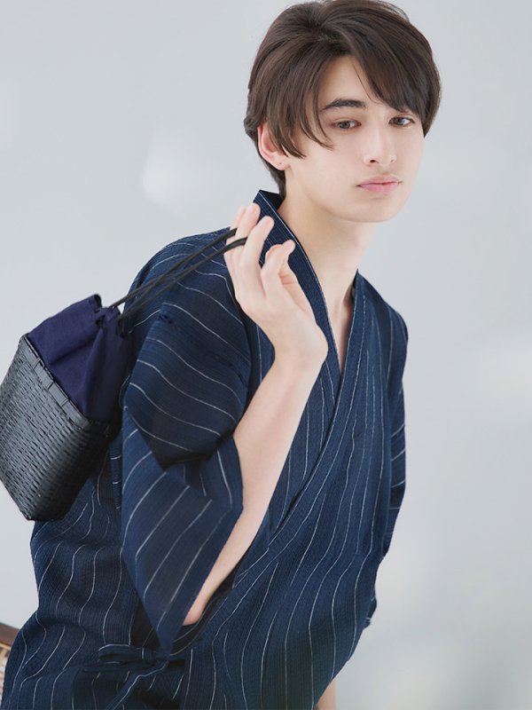 画像7: 【即日発送】【メンズ甚平】ネイビー地に白縞模様甚平  【甚平・下駄セット】[YMT] (7)