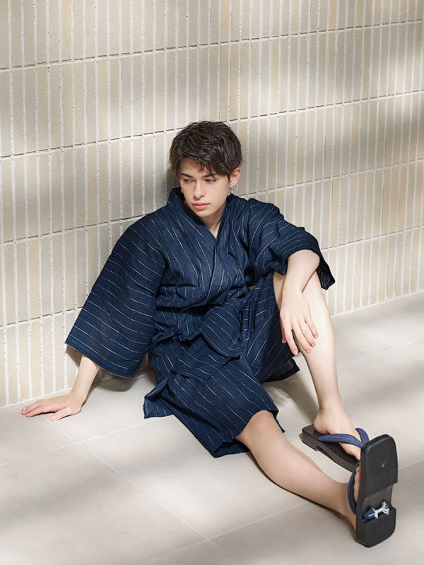 画像13: 【即日発送】【メンズ甚平】ネイビー地に白縞模様甚平  【甚平・下駄セット】[YMT] (13)