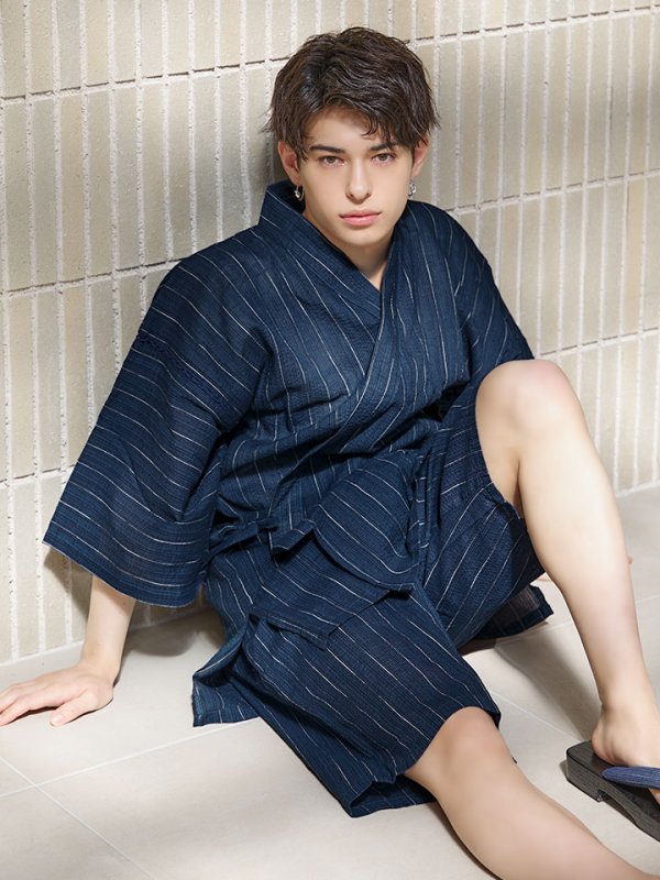 画像2: 【即日発送】【メンズ甚平】ネイビー地に白縞模様甚平  【甚平・下駄セット】[YMT] (2)