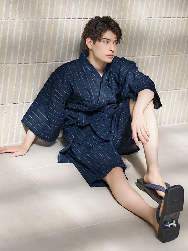 画像3: 【即日発送】【メンズ甚平】ネイビー地に白縞模様甚平  【甚平・下駄セット】[YMT] (3)