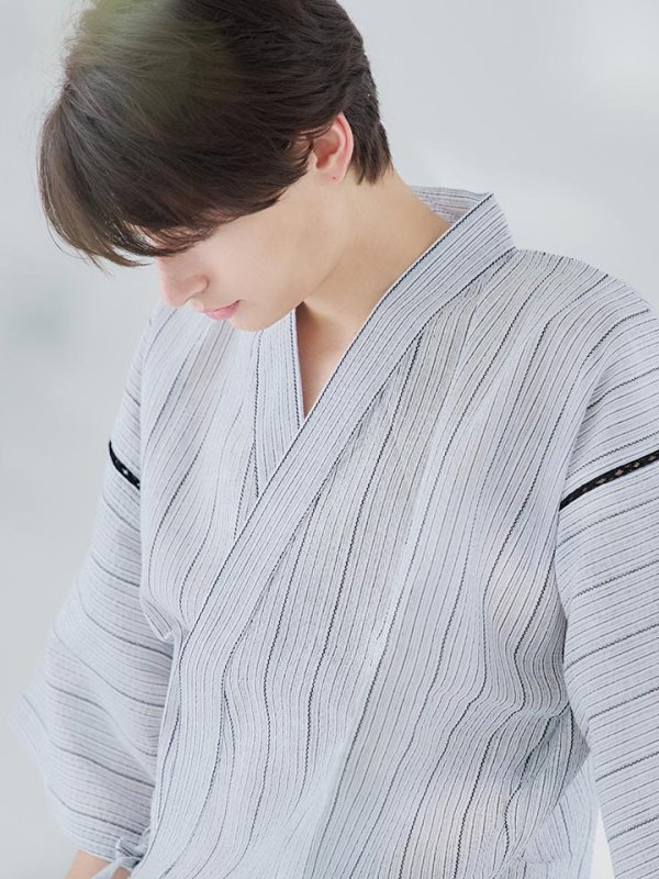 画像10: 【即日発送】【メンズ甚平】白地に黒縞模様甚平【甚平・下駄セット】[YMT] (10)