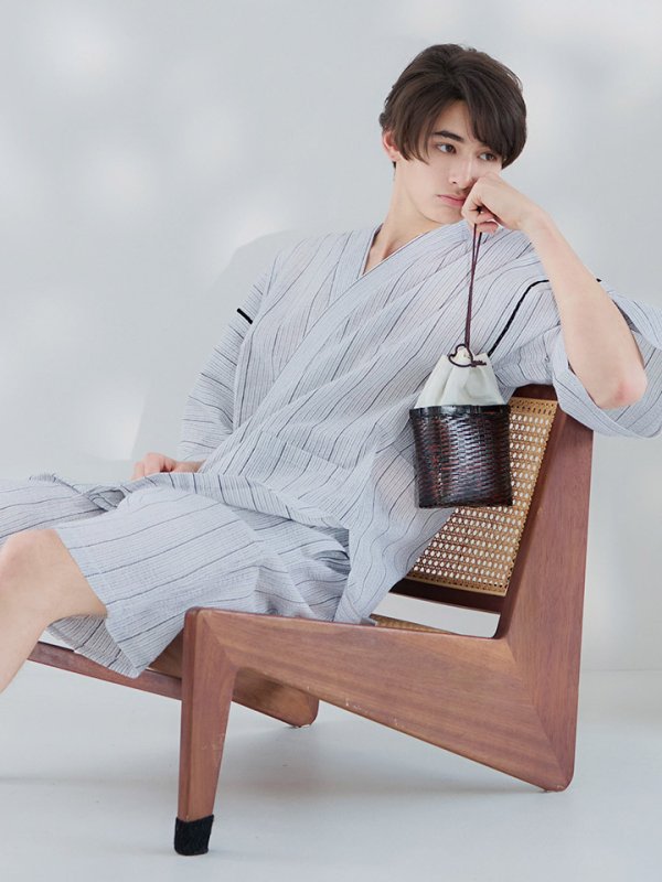 画像11: 【即日発送】【メンズ甚平】白地に黒縞模様甚平【甚平・下駄セット】[YMT] (11)