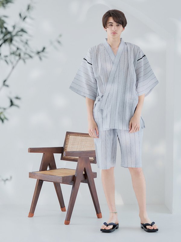 画像12: 【即日発送】【メンズ甚平】白地に黒縞模様甚平【甚平・下駄セット】[YMT] (12)