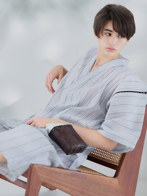 画像2: 【即日発送】【メンズ甚平】白地に黒縞模様甚平【甚平・下駄セット】[YMT] (2)