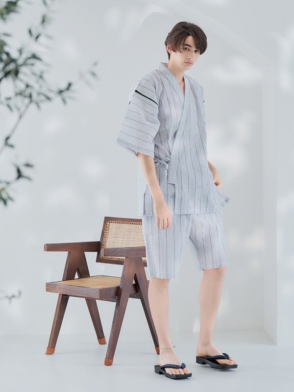 画像4: 【即日発送】【メンズ甚平】白地に黒縞模様甚平【甚平・下駄セット】[YMT] (4)