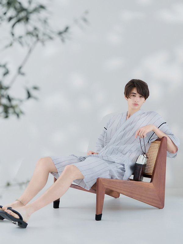 画像7: 【即日発送】【メンズ甚平】白地に黒縞模様甚平【甚平・下駄セット】[YMT] (7)