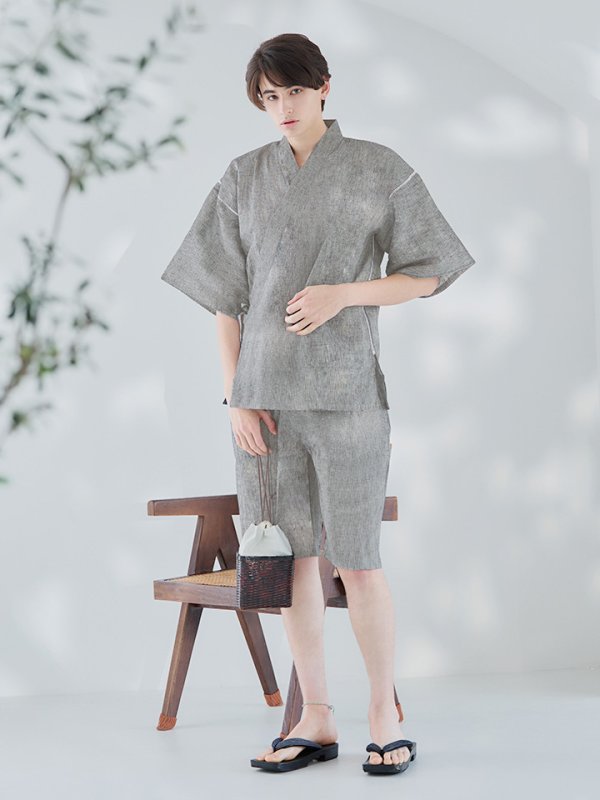 画像2: 【即日発送】【メンズ甚平】グレー地に縞模様甚平【甚平・下駄セット】[YMT] (2)