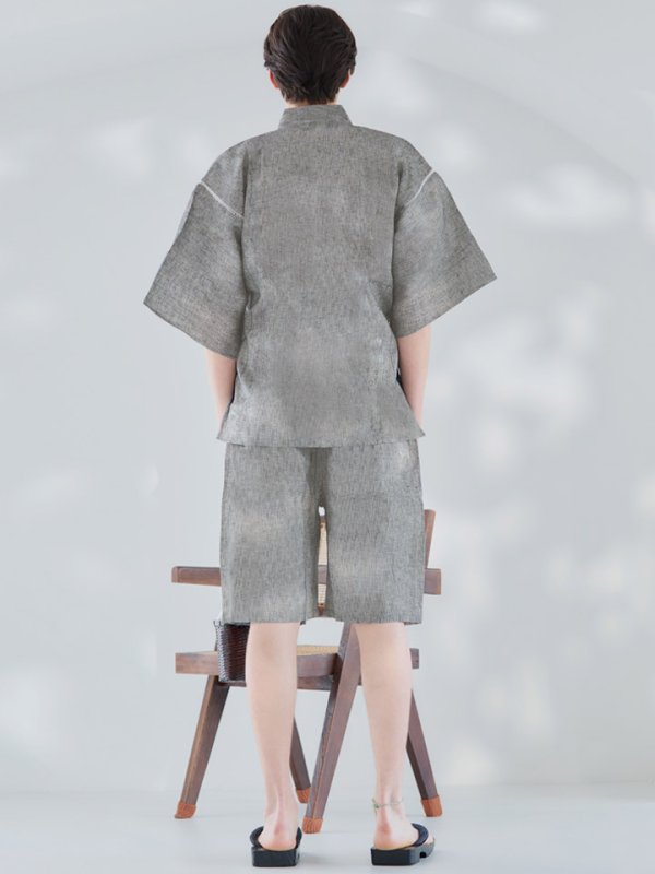 画像3: 【即日発送】【メンズ甚平】グレー地に縞模様甚平【甚平・下駄セット】[YMT] (3)