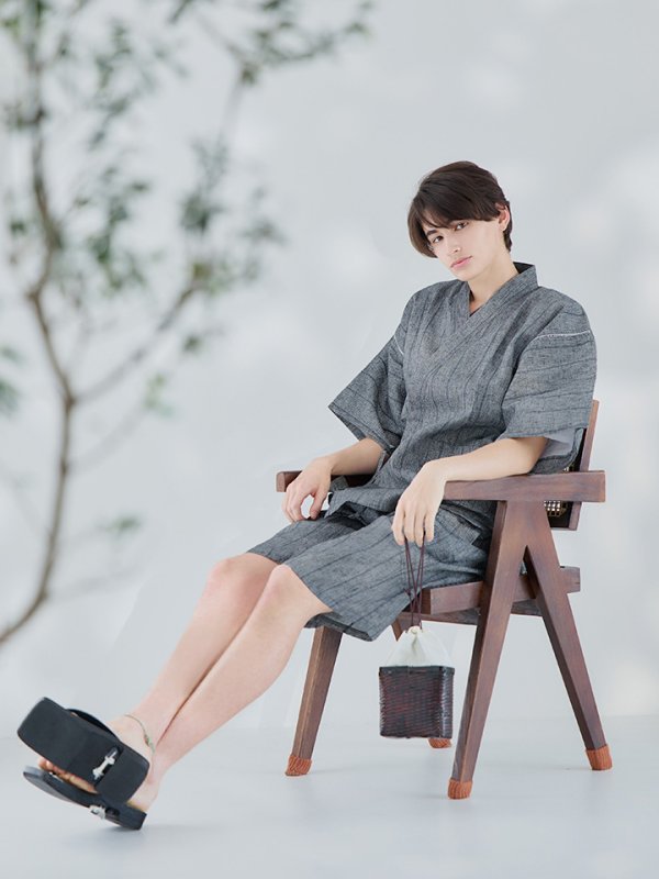 画像10: 【即日発送】【メンズ甚平】グレー地に縞模様甚平【甚平・下駄セット】【YMT】 (10)