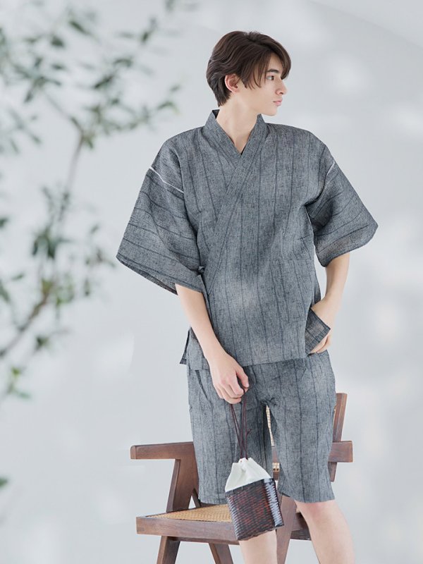 画像11: 【即日発送】【メンズ甚平】グレー地に縞模様甚平【甚平・下駄セット】【YMT】 (11)