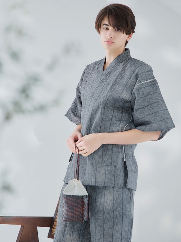 画像12: 【即日発送】【メンズ甚平】グレー地に縞模様甚平【甚平・下駄セット】【YMT】 (12)