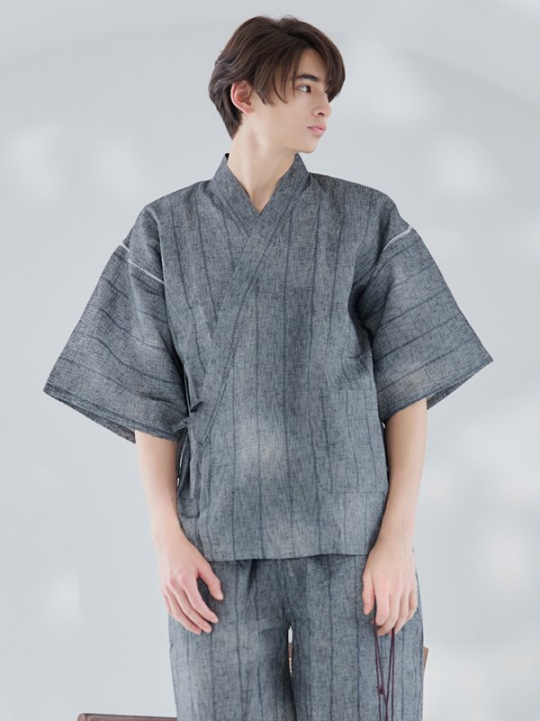 画像3: 【即日発送】【メンズ甚平】グレー地に縞模様甚平【甚平・下駄セット】【YMT】 (3)