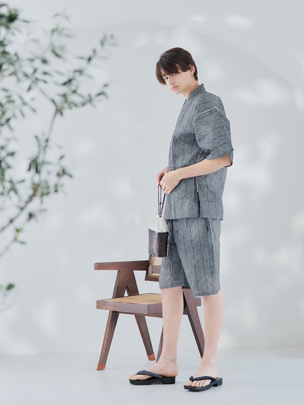 画像7: 【即日発送】【メンズ甚平】グレー地に縞模様甚平【甚平・下駄セット】【YMT】 (7)