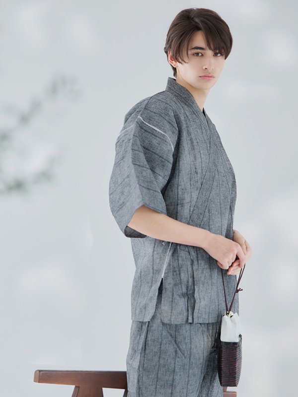 画像8: 【即日発送】【メンズ甚平】グレー地に縞模様甚平【甚平・下駄セット】【YMT】 (8)