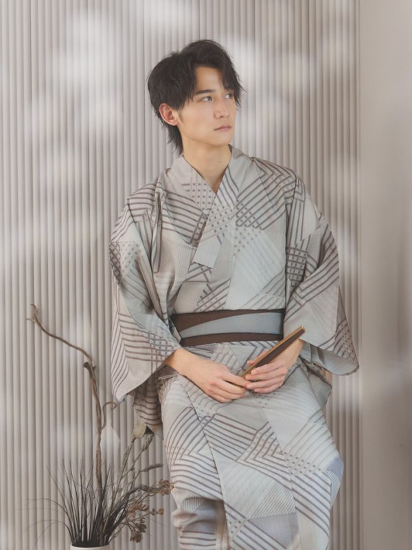 画像10: 【即日発送！】【メンズ浴衣】ベージュ幾何学的模様浴衣【浴衣３点セット 浴衣/帯/下駄】[YMT] (10)
