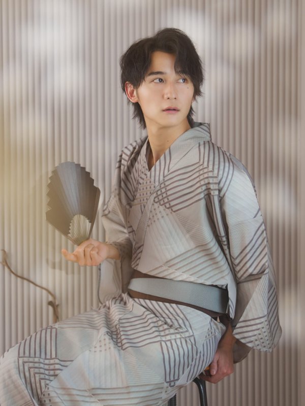 画像13: 【即日発送！】【メンズ浴衣】ベージュ幾何学的模様浴衣【浴衣３点セット 浴衣/帯/下駄】[YMT] (13)