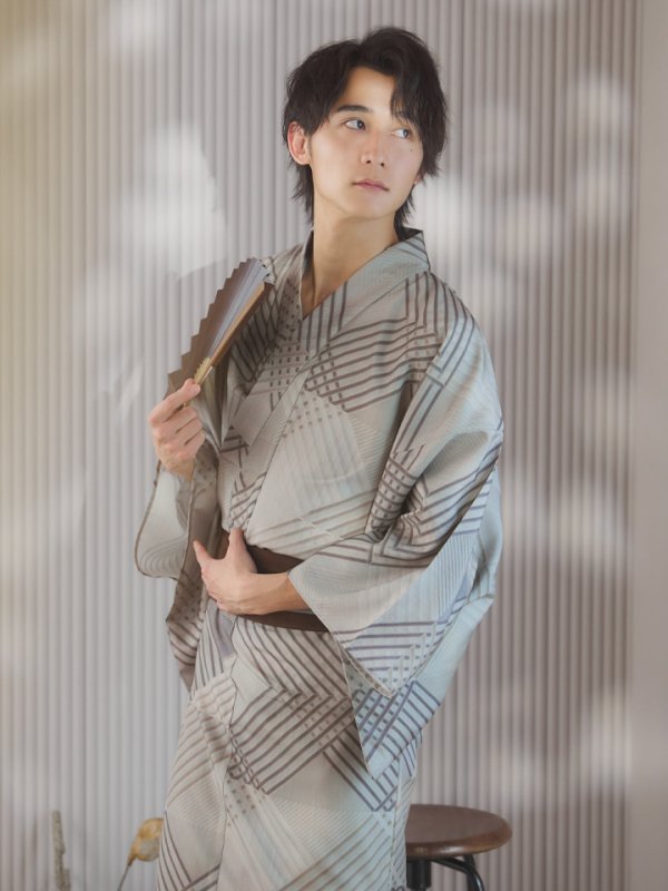 画像8: 【即日発送！】【メンズ浴衣】ベージュ幾何学的模様浴衣【浴衣３点セット 浴衣/帯/下駄】[YMT] (8)