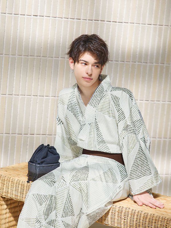 画像12: 【即日発送！】【メンズ浴衣】カーキグリーン幾何学的模様浴衣【浴衣３点セット 浴衣/帯/下駄】[YMT] (12)