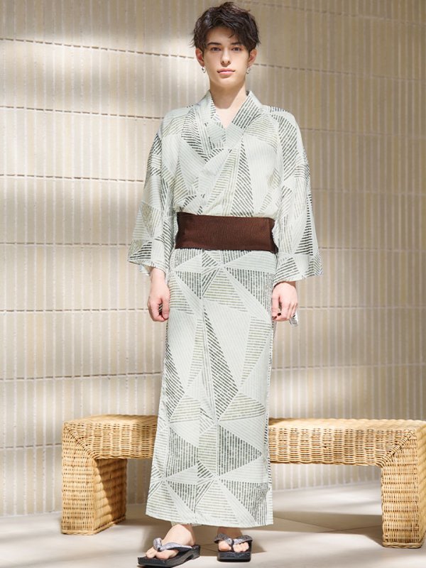 画像4: 【即日発送！】【メンズ浴衣】カーキグリーン幾何学的模様浴衣【浴衣３点セット 浴衣/帯/下駄】[YMT] (4)