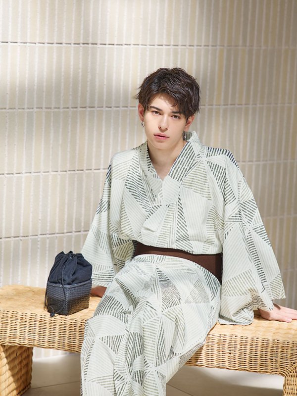 画像7: 【即日発送！】【メンズ浴衣】カーキグリーン幾何学的模様浴衣【浴衣３点セット 浴衣/帯/下駄】[YMT] (7)