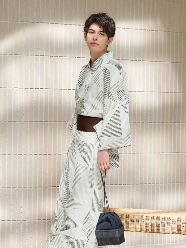 画像8: 【即日発送！】【メンズ浴衣】カーキグリーン幾何学的模様浴衣【浴衣３点セット 浴衣/帯/下駄】[YMT] (8)