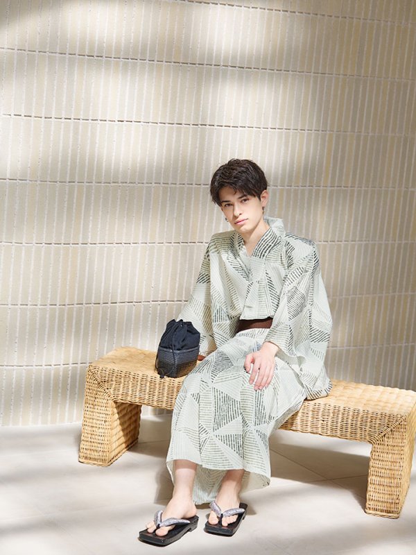 画像9: 【即日発送！】【メンズ浴衣】カーキグリーン幾何学的模様浴衣【浴衣３点セット 浴衣/帯/下駄】[YMT] (9)