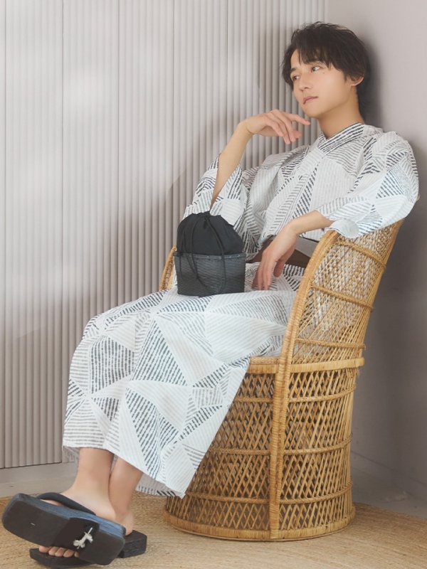 画像2: 【即日発送!】【メンズ浴衣】カーキグリーン幾何学的模様浴衣【浴衣3点セット 浴衣/帯/下駄】 (2)