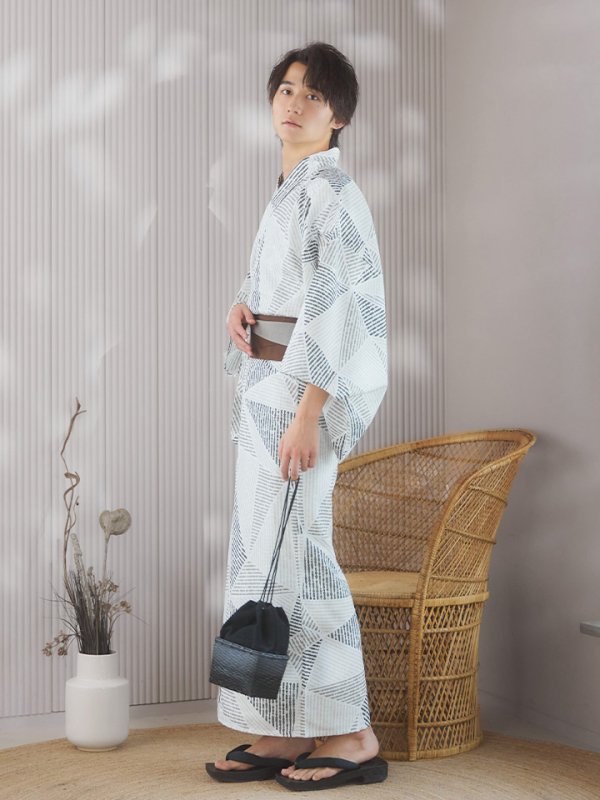 画像6: 【即日発送!】【メンズ浴衣】カーキグリーン幾何学的模様浴衣【浴衣3点セット 浴衣/帯/下駄】 (6)