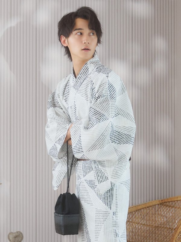 画像7: 【即日発送!】【メンズ浴衣】カーキグリーン幾何学的模様浴衣【浴衣3点セット 浴衣/帯/下駄】 (7)