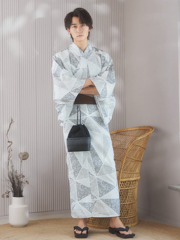 画像8: 【即日発送!】【メンズ浴衣】カーキグリーン幾何学的模様浴衣【浴衣3点セット 浴衣/帯/下駄】 (8)